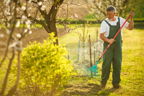 A middle-aged man dressed in green gardening overalls and a white T-shirt is working in a garden in Seven Sisters, with sunlight casting a warm glow over the outdoor space. He is holding a long-handled rake, using it to tidy up the soil or grass area near a flowering tree with light pink blossoms, which suggests it is spring. In the foreground, there is a vibrant yellow-green shrub, and behind him, dark green hedges and a wire fence border the garden, creating a structured layout. The lawn is well-maintained with lush, evenly cut grass, and areas of bare, tilled soil are visible, indicating recent planting or preparation for new garden features. The garden features a mix of natural textures with smooth paving stones and wooden decking areas, blending seamlessly into the landscape. The background shows a clear sky, contributing to the bright and welcoming atmosphere typical of outdoor gardening in the Seven Sisters area, and the scene showcases professional garden maintenance that could be offered by Landscapers Seven Sisters, focusing on lawn care, planting, and garden tidying services.